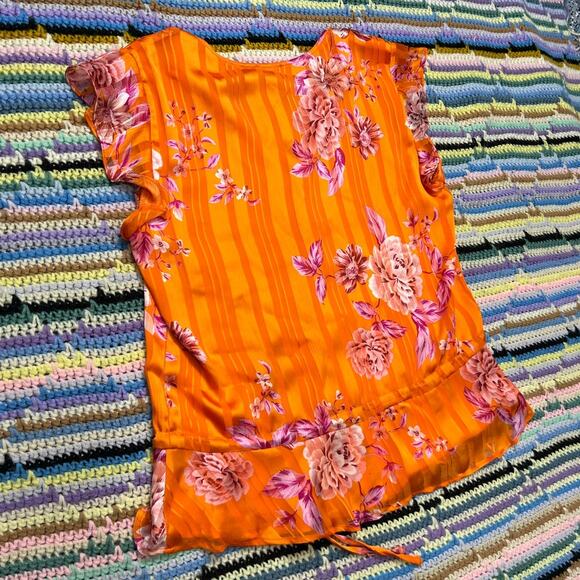 Vince Camuto Orange Rio Gardens floral v-neck button down peplum top blouse - Picture 6 of 7